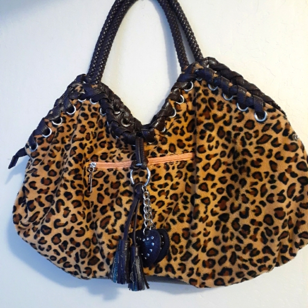 Large Leopard Print Fleece Purse